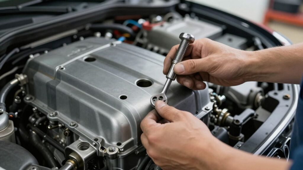 Audi car engine repair by expert mechanic hands.